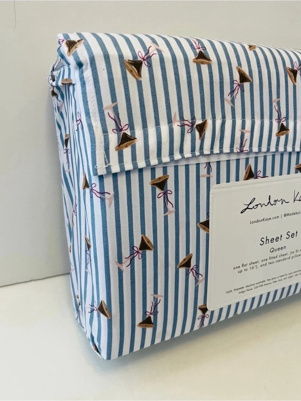 London Kaye Queen Size Sheet Set Mini Stripe Cafe Espresso Martini Glasses Bows